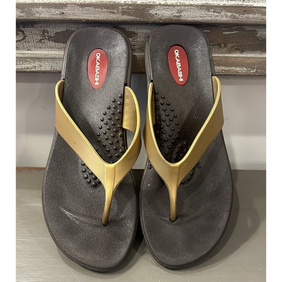OKABASHI Women's Flip Flop Thong Sandals Brown and Gold Size‎ M - Picture 1 of 6